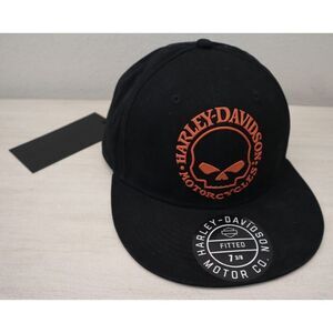 Harley-Davidson 99407 Men's Sz L (7 3/8) Black/Orange Willie G Skull Fitted Hat